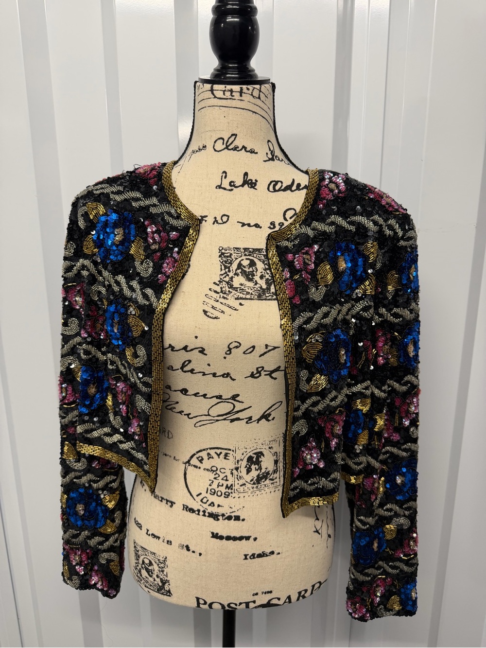 Vintage 100% Silk Embellished Black Cropped Sequin Jacket